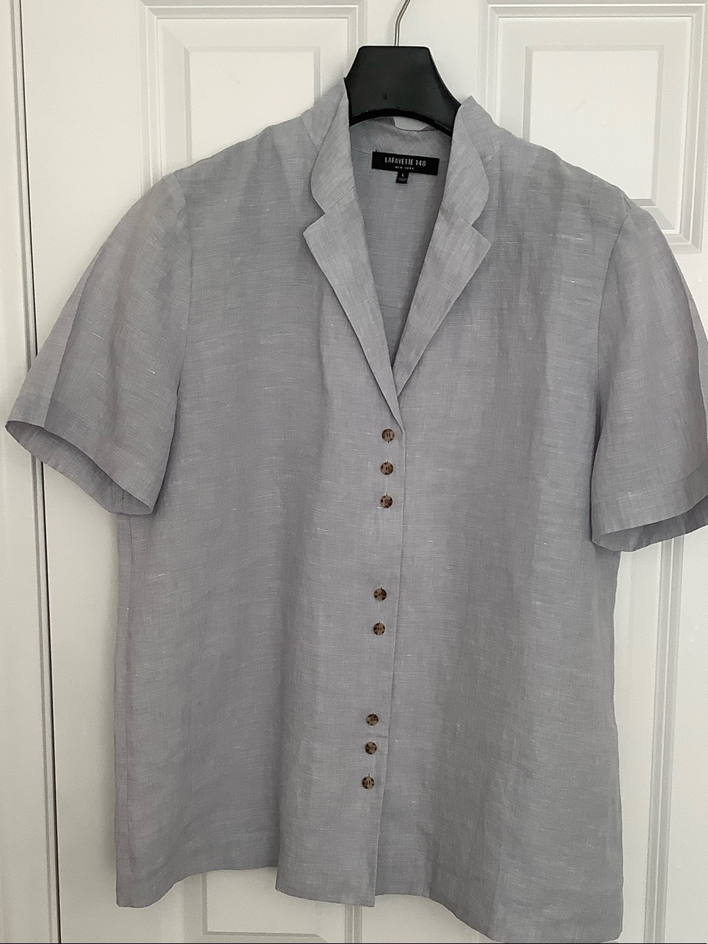 Lafayette 148 New York Light Gray Blue Short-Sleeve Linen Button-Down Blouse
